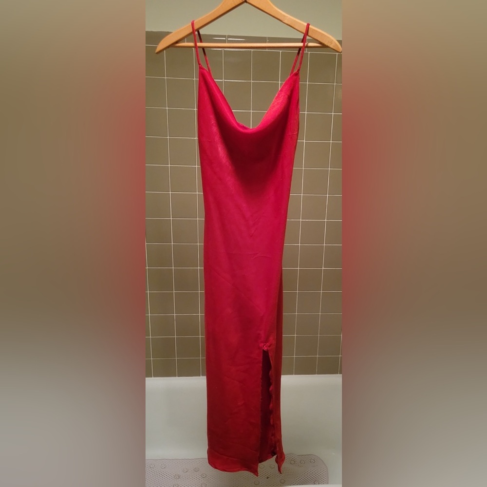Red slip dress with slit